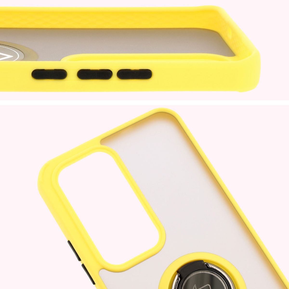 Handyhülle mit Fingergriff für Oppo Reno 12, Bizon Case Hybrid Ring, getönt mit gelbem Rahmen