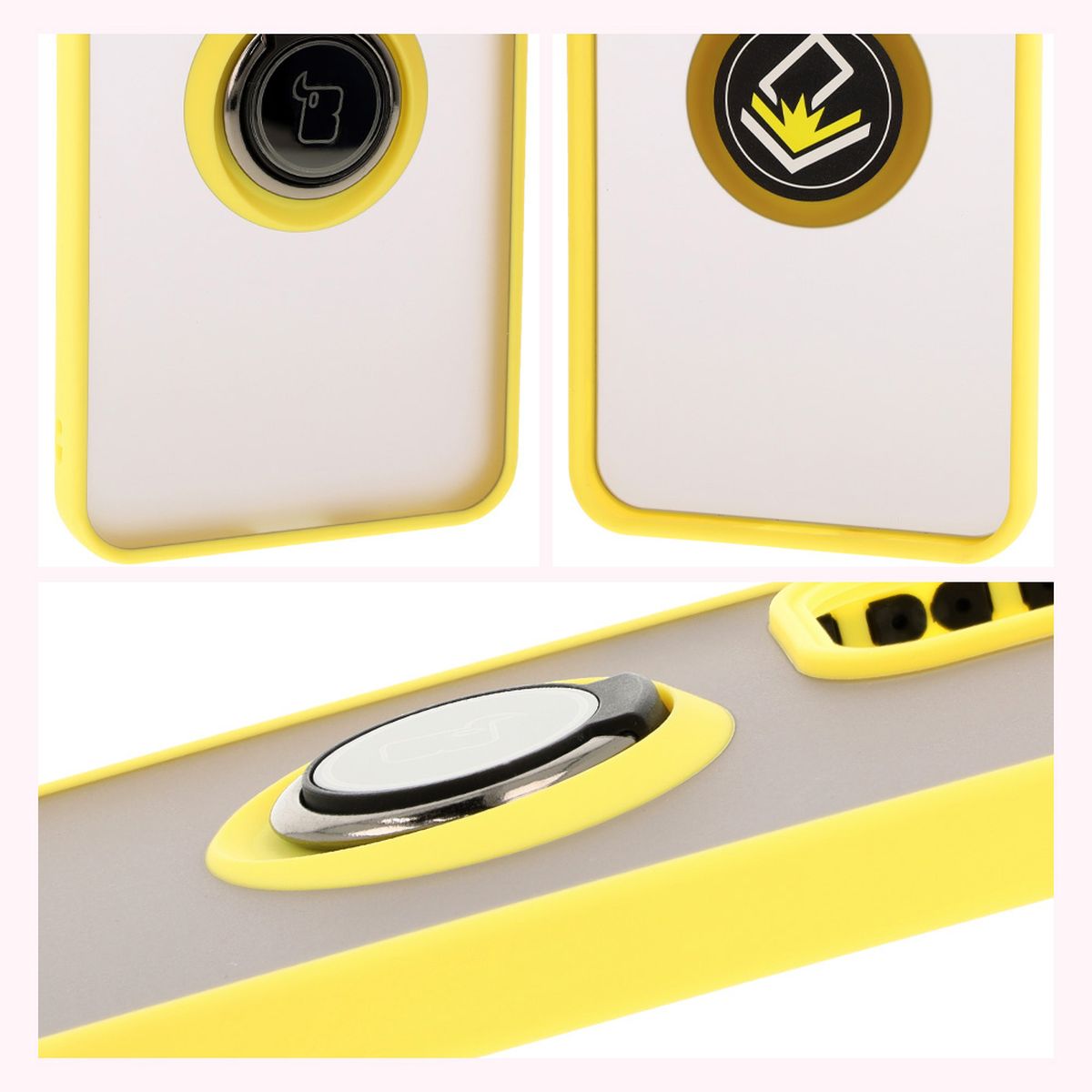 Handyhülle mit Fingergriff für Oppo Reno 12, Bizon Case Hybrid Ring, getönt mit gelbem Rahmen
