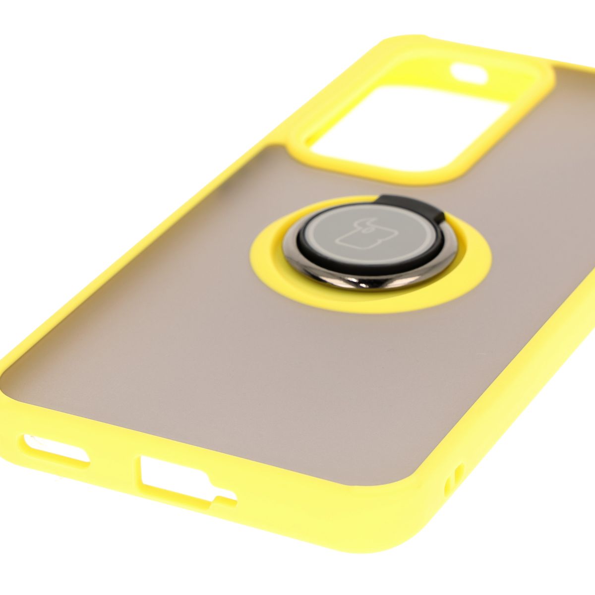 Handyhülle mit Fingergriff für Oppo Reno 12, Bizon Case Hybrid Ring, getönt mit gelbem Rahmen