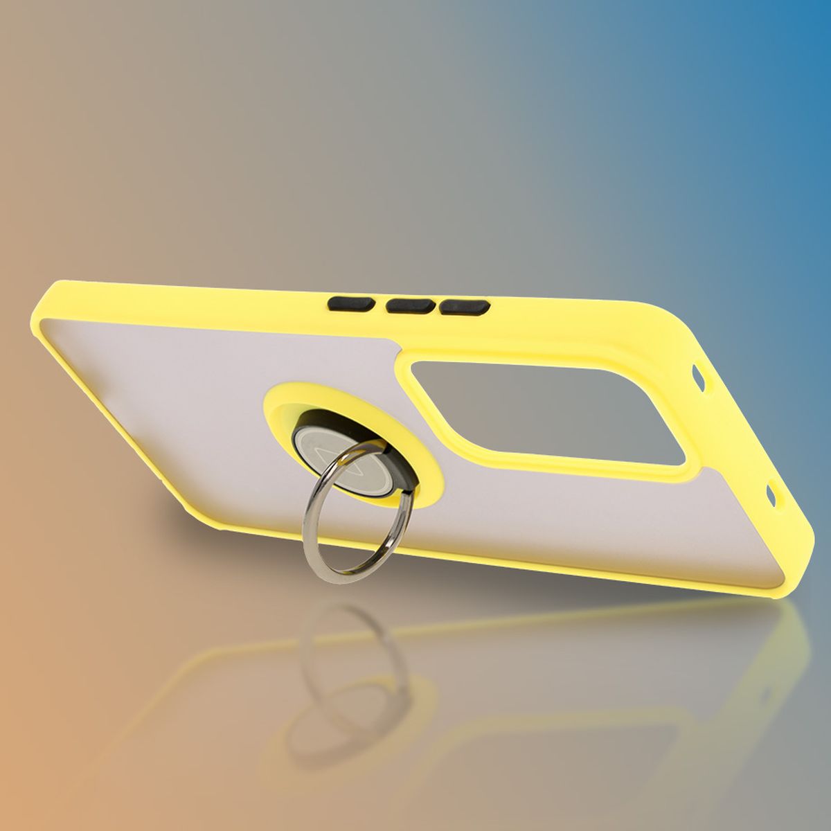 Handyhülle mit Fingergriff für Oppo Reno 12, Bizon Case Hybrid Ring, getönt mit gelbem Rahmen