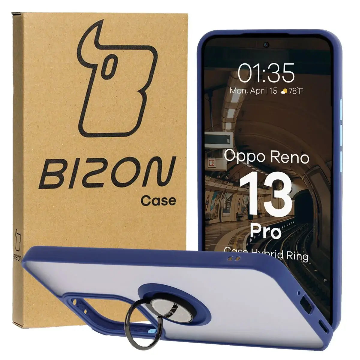 Handyhülle mit Fingergriff für Oppo Reno13 Pro, Bizon Case Hybrid Ring, getönt mit dunkelblauem Rahmen