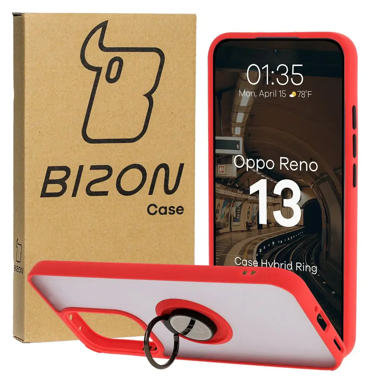 Handyhülle mit Fingergriff für Oppo Reno13, Bizon Case Hybrid Ring, getönt mit rotem Rahmen