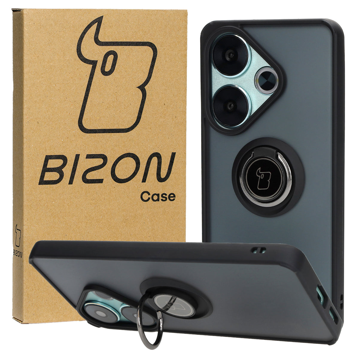Handyhülle mit Fingergriff für Xiaomi Poco F6, Bizon Case Hybrid Ring, getönt mit schwarzem Rahmen