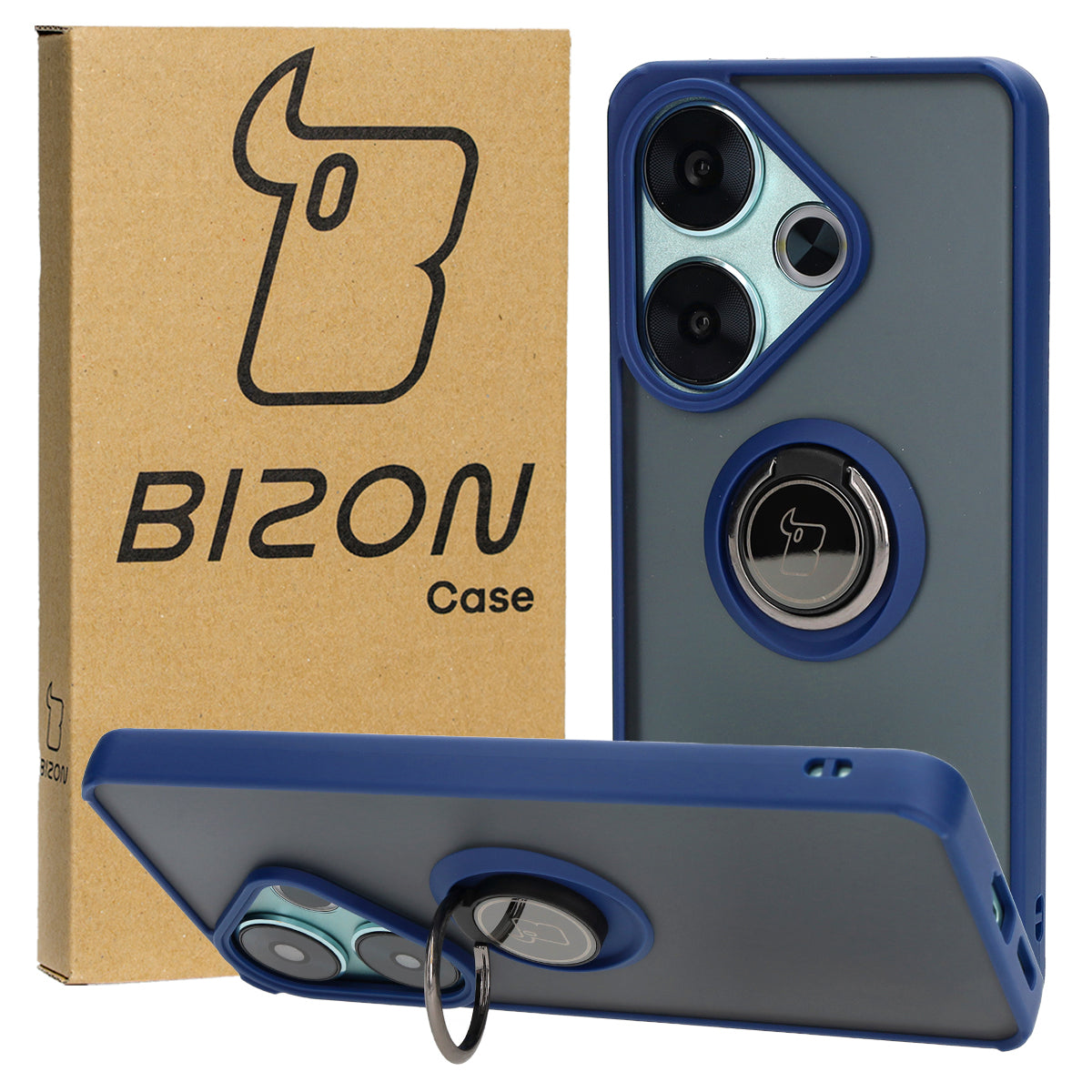 Handyhülle mit Fingergriff für Xiaomi Poco F6, Bizon Case Hybrid Ring, getönt mit dunkelblauem Rahmen