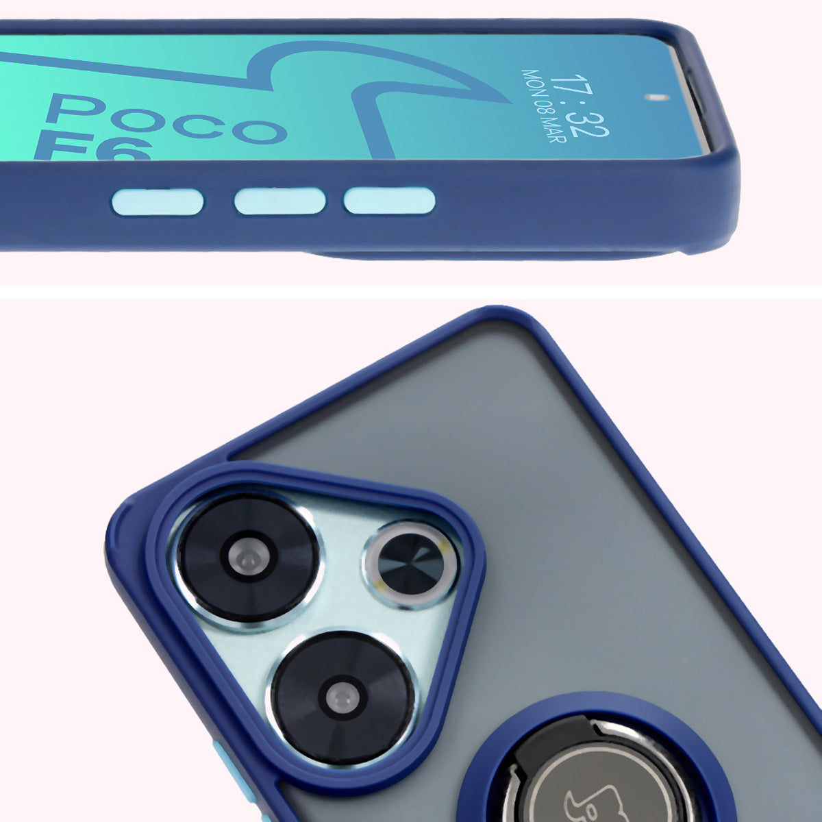 Handyhülle mit Fingergriff für Xiaomi Poco F6, Bizon Case Hybrid Ring, getönt mit dunkelblauem Rahmen