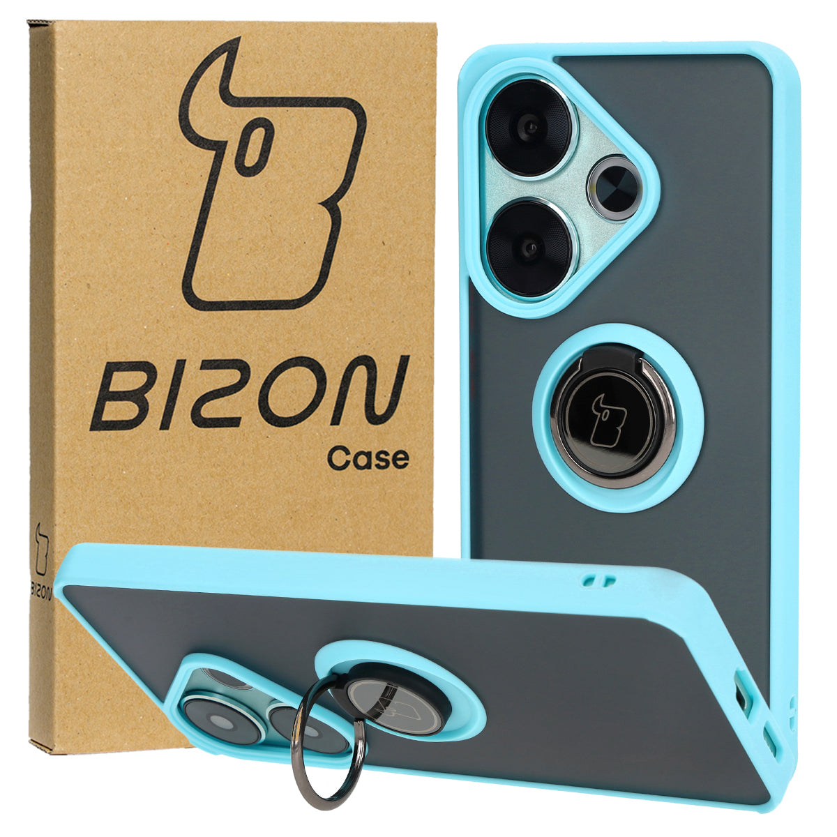 Handyhülle mit Fingergriff für Xiaomi Poco F6, Bizon Case Hybrid Ring, getönt mit hellblauem Rahmen