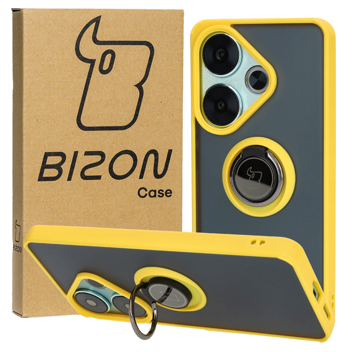 Handyhülle mit Fingergriff für Xiaomi Poco F6, Bizon Case Hybrid Ring, getönt mit gelbem Rahmen