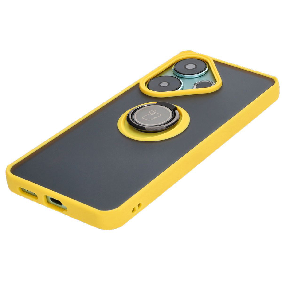 Handyhülle mit Fingergriff für Xiaomi Poco F6, Bizon Case Hybrid Ring, getönt mit gelbem Rahmen