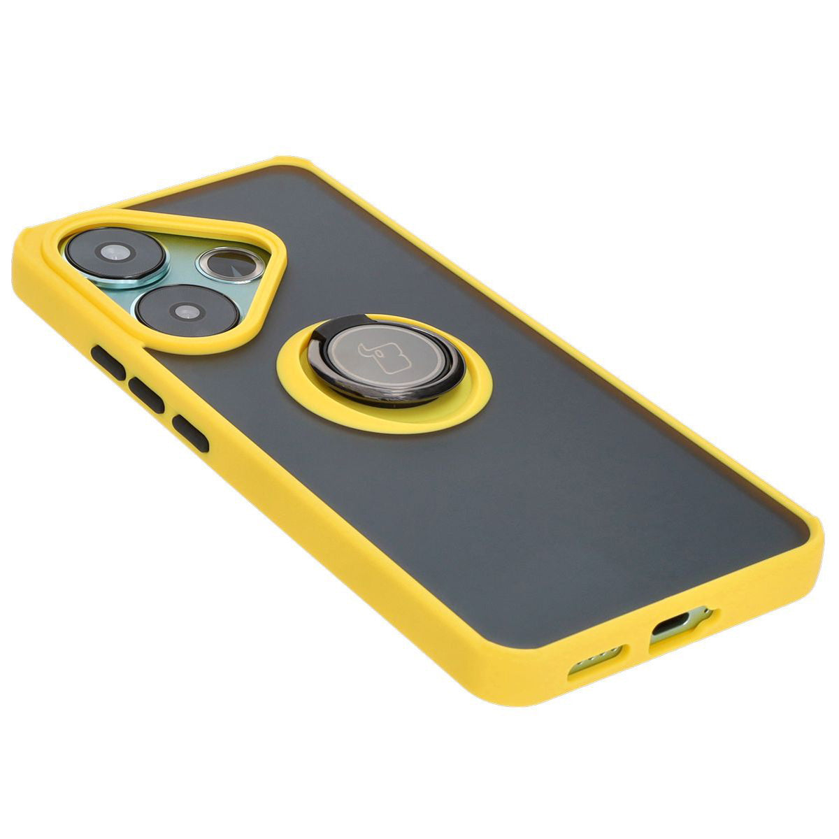 Handyhülle mit Fingergriff für Xiaomi Poco F6, Bizon Case Hybrid Ring, getönt mit gelbem Rahmen