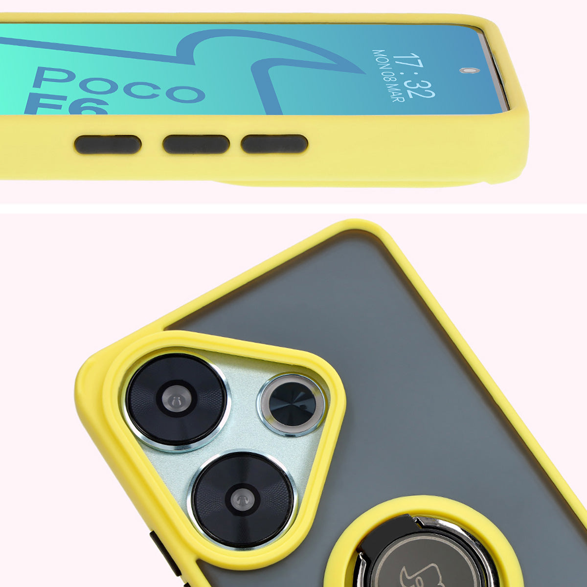 Handyhülle mit Fingergriff für Xiaomi Poco F6, Bizon Case Hybrid Ring, getönt mit gelbem Rahmen