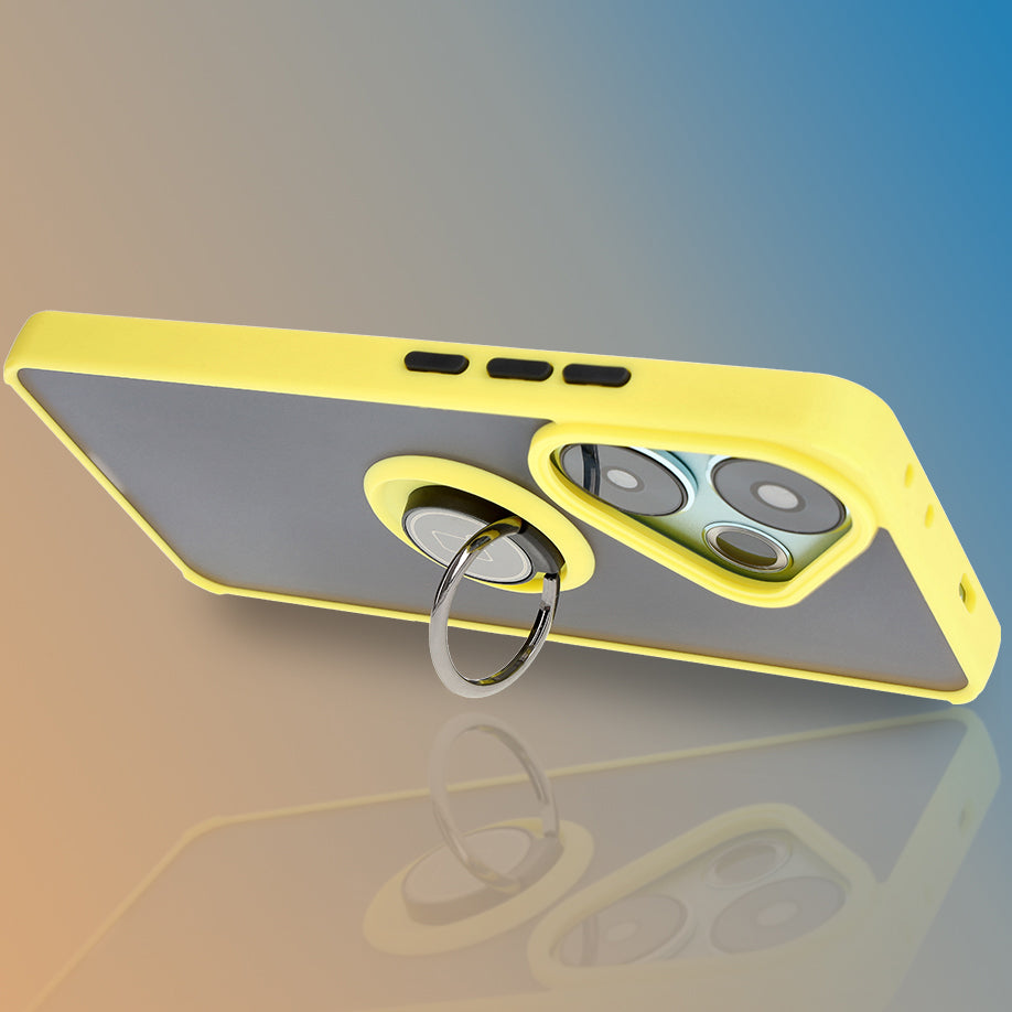 Handyhülle mit Fingergriff für Xiaomi Poco F6, Bizon Case Hybrid Ring, getönt mit gelbem Rahmen