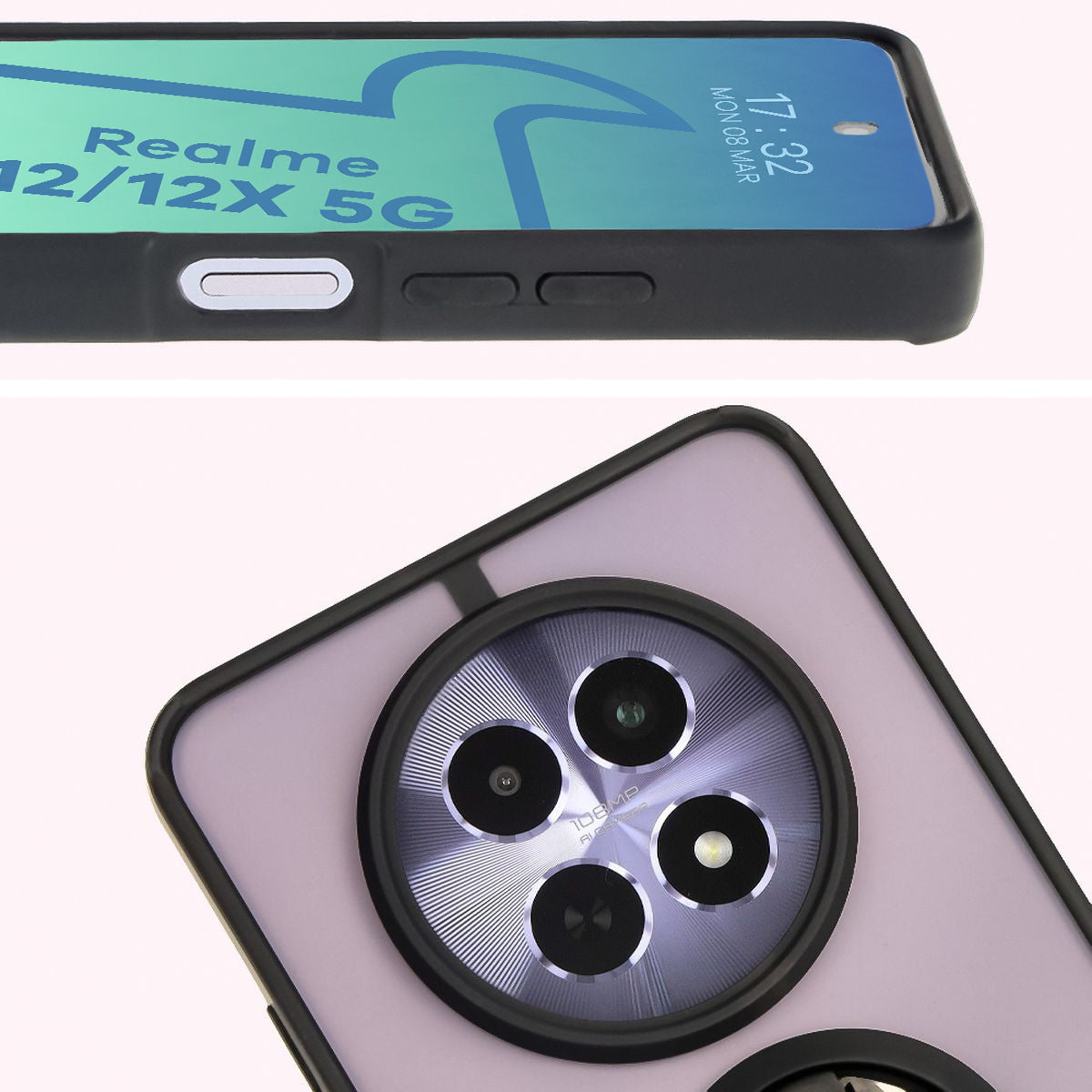 Handyhülle mit Fingergriff für Realme 12 / 12x, Bizon Case Hybrid Ring, getönt mit schwarzem Rahmen