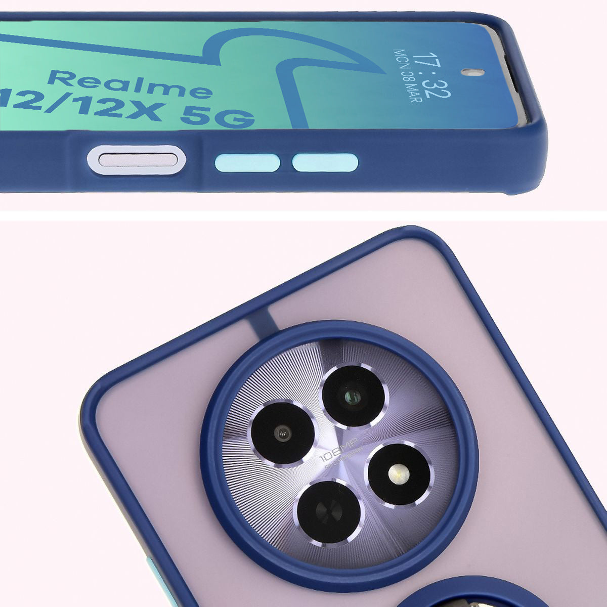 Handyhülle mit Fingergriff für Realme 12 / 12x, Bizon Case Hybrid Ring, getönt mit dunkelblauem Rahmen