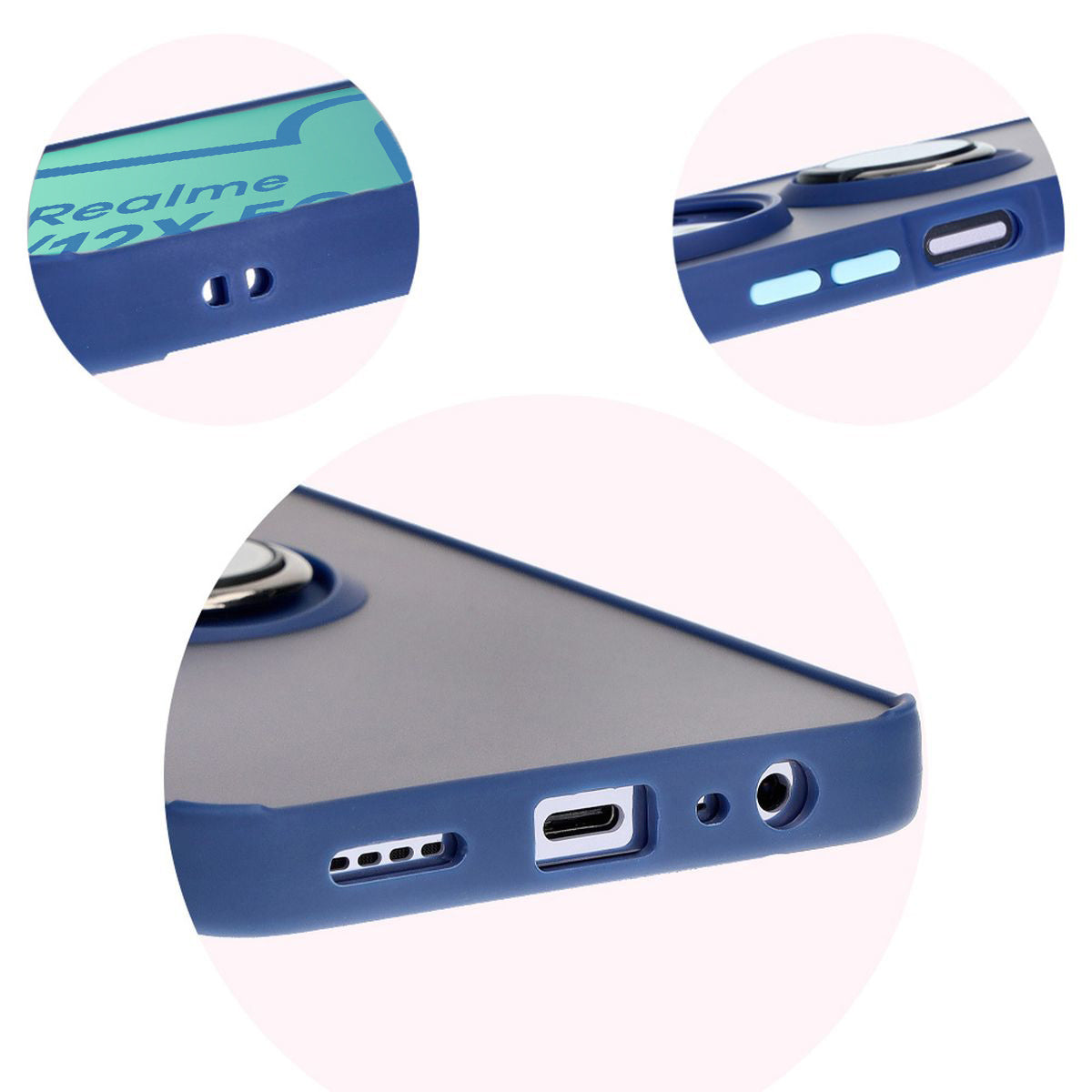 Handyhülle mit Fingergriff für Realme 12 / 12x, Bizon Case Hybrid Ring, getönt mit dunkelblauem Rahmen
