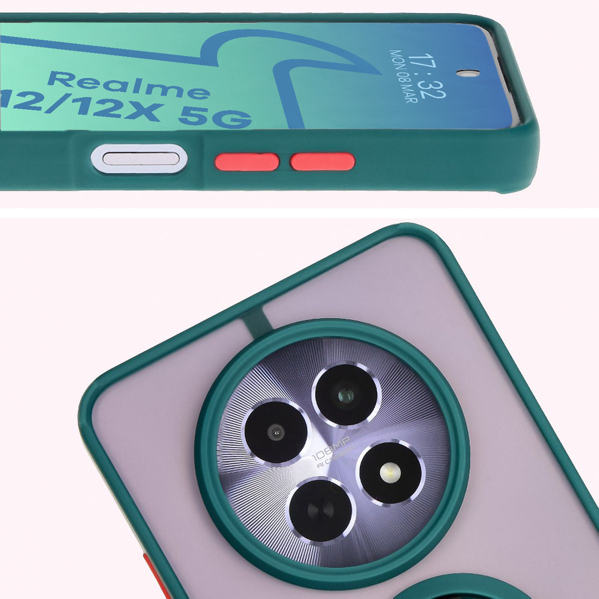 Handyhülle mit Fingergriff für Realme 12 / 12x, Bizon Case Hybrid Ring, getönt mit dunkelgrünem Rahmen