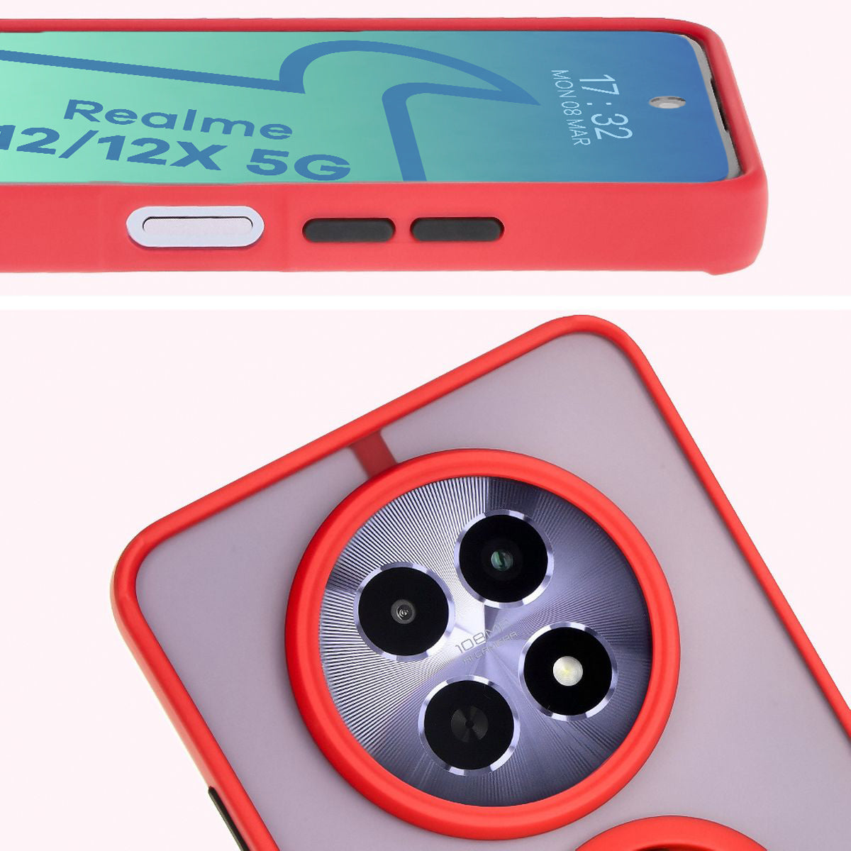 Handyhülle mit Fingergriff für Realme 12 / 12x, Bizon Case Hybrid Ring, getönt mit rotem Rahmen