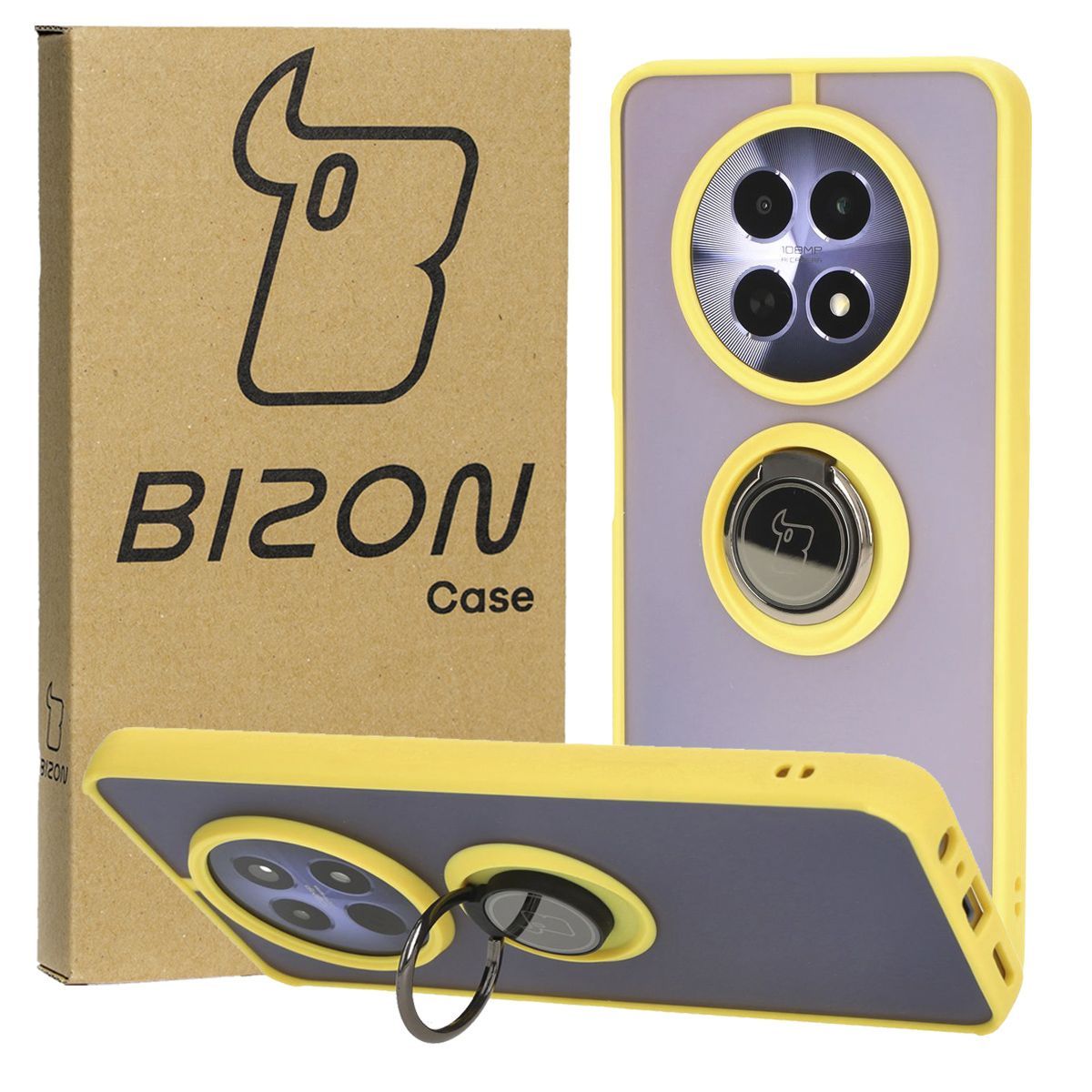 Handyhülle mit Fingergriff für Realme 12 / 12x, Bizon Case Hybrid Ring, getönt mit gelbem Rahmen