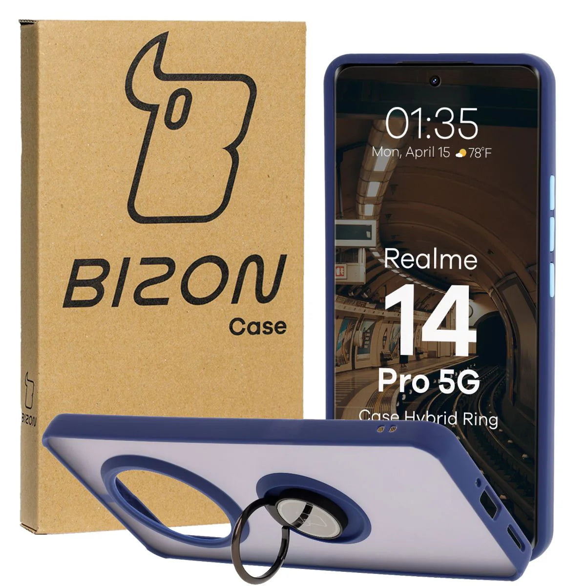 Handyhülle mit Fingergriff für Realme 14 Pro 5G, Bizon Case Hybrid Ring, getönt mit dunkelblauem Rahmen