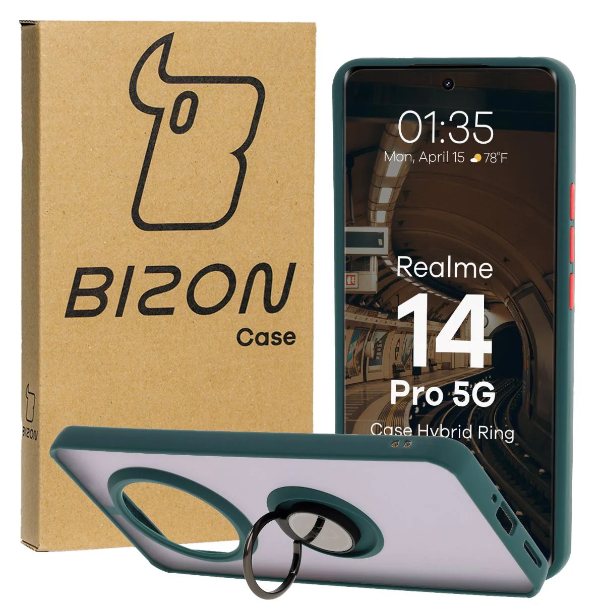 Handyhülle mit Fingergriff für Realme 14 Pro 5G, Bizon Case Hybrid Ring, getönt mit dunkelgrünem Rahmen