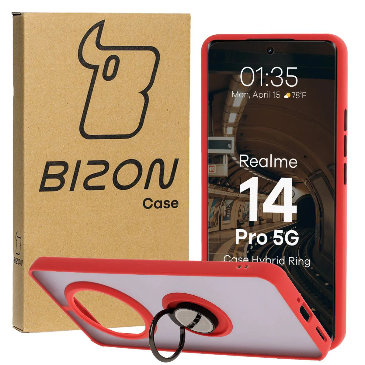 Handyhülle mit Fingergriff für Realme 14 Pro 5G, Bizon Case Hybrid Ring, getönt mit rotem Rahmen