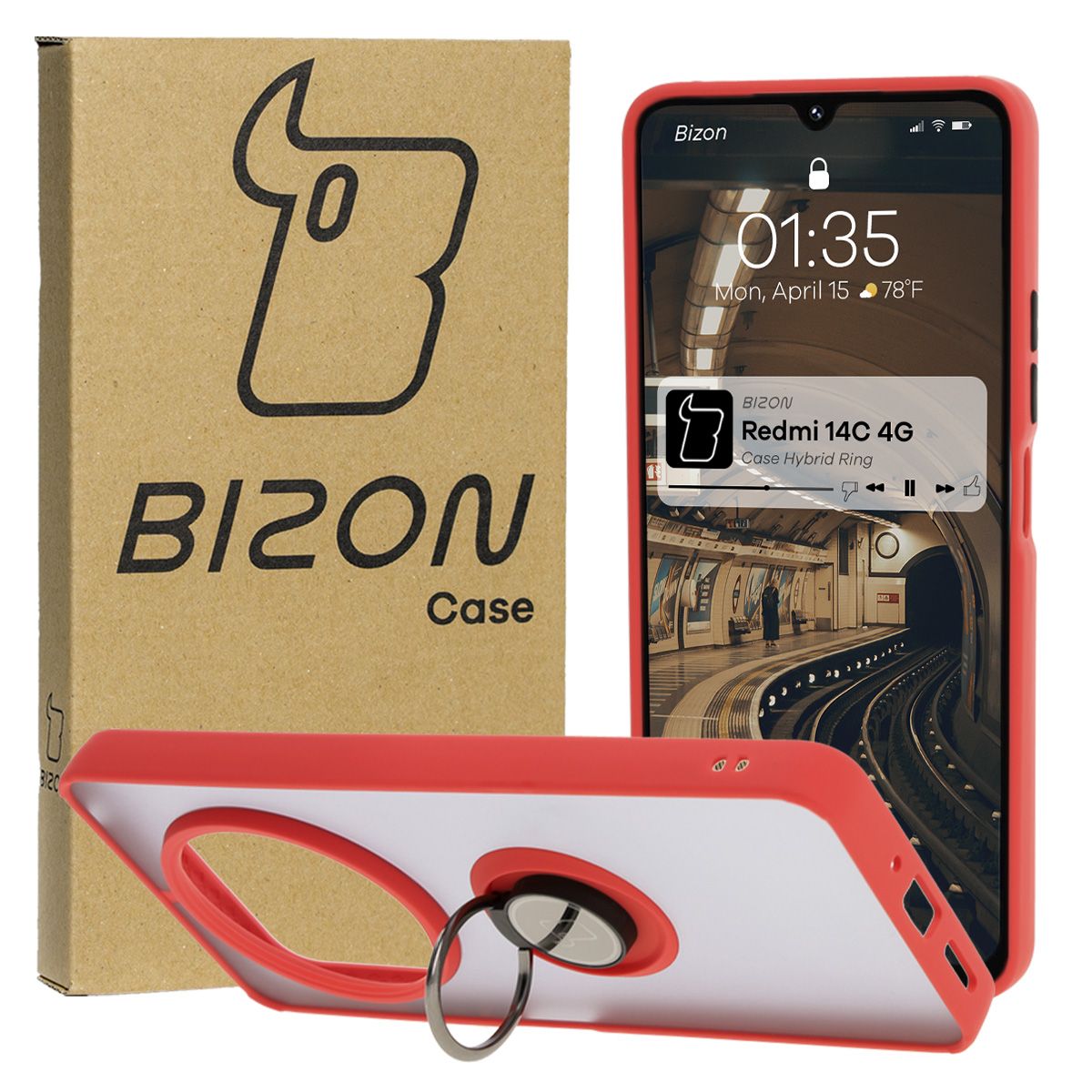Handyhülle mit Fingergriff für Xiaomi Redmi 14C 4G / POCO C75, Bizon Case Hybrid Ring, getönt mit rotem Rahmen