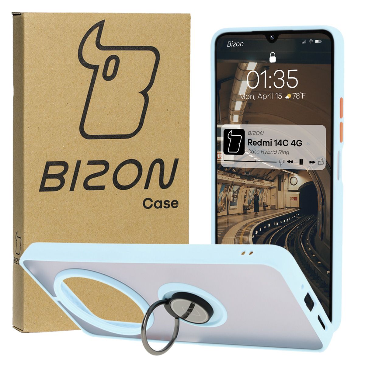 Handyhülle mit Fingergriff für Xiaomi Redmi 14C 4G / POCO C75, Bizon Case Hybrid Ring, getönt mit hellblauem Rahmen