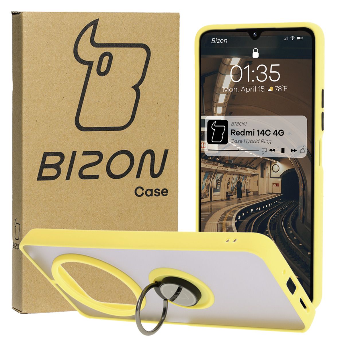 Handyhülle mit Fingergriff für Xiaomi Redmi 14C 4G / POCO C75, Bizon Case Hybrid Ring, getönt mit gelbem Rahmen