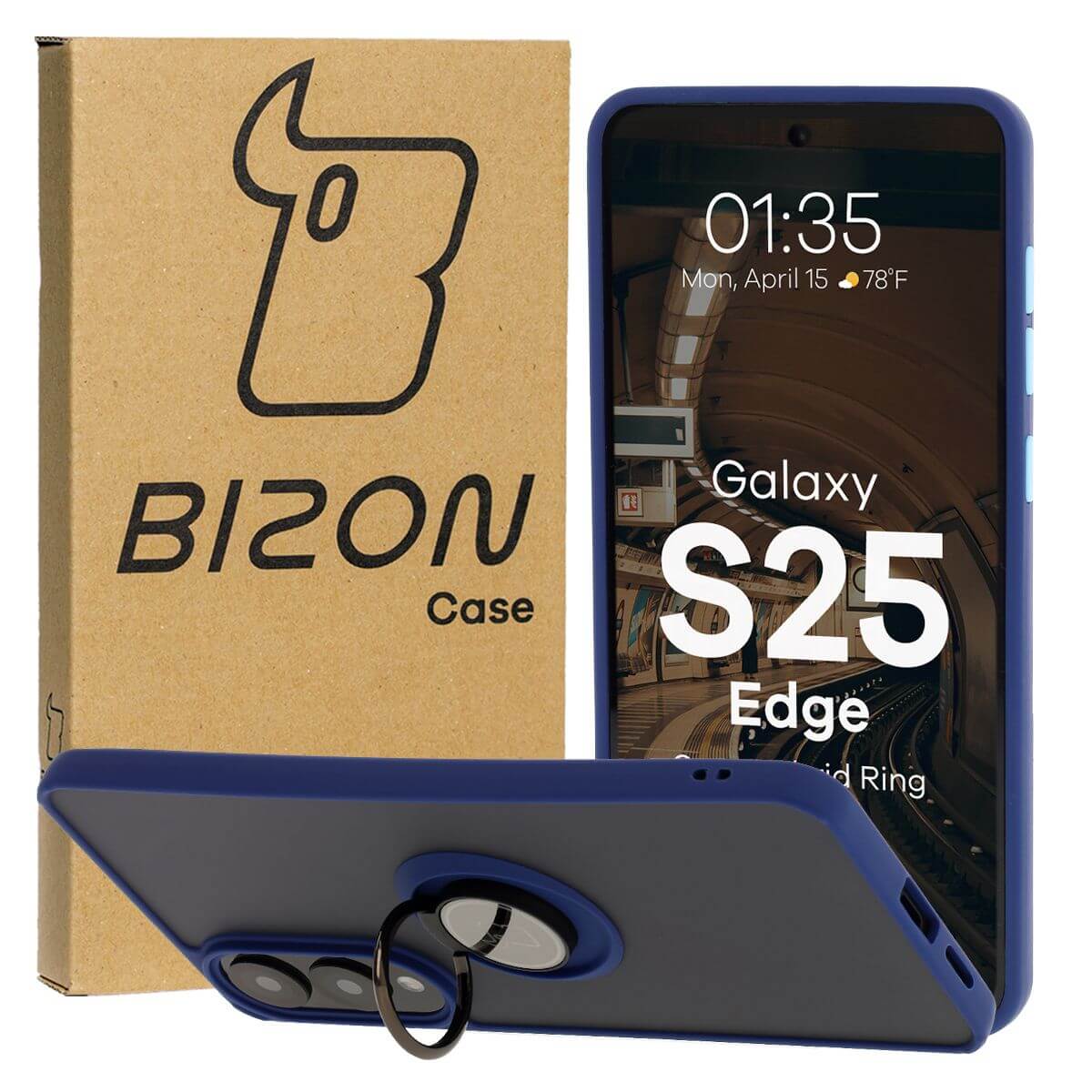 Handyhülle mit Fingergriff für Galaxy S25 Edge, Bizon Case Hybrid Ring, getönt mit dunkelblauem Rahmen