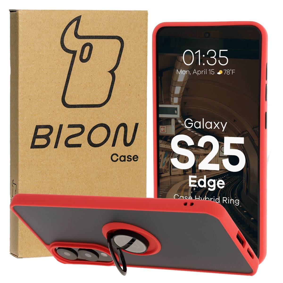 Handyhülle mit Fingergriff für Galaxy S25 Edge, Bizon Case Hybrid Ring, getönt mit rotem Rahmen