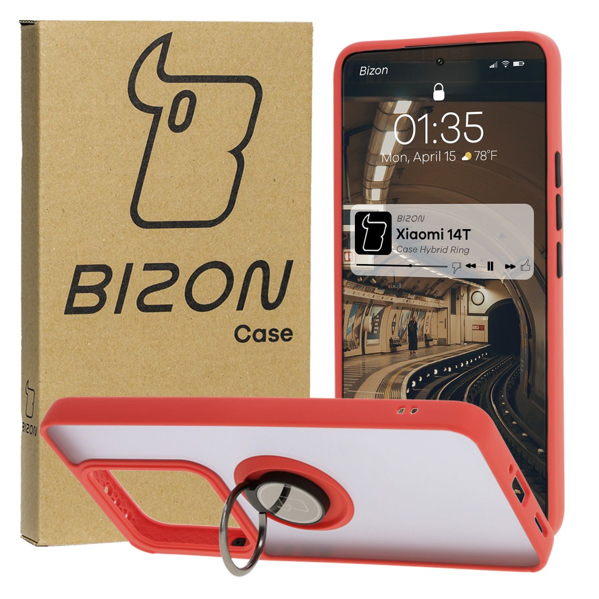 Handyhülle mit Fingergriff für Xiaomi 14T, Bizon Case Hybrid Ring, getönt mit rotem Rahmen