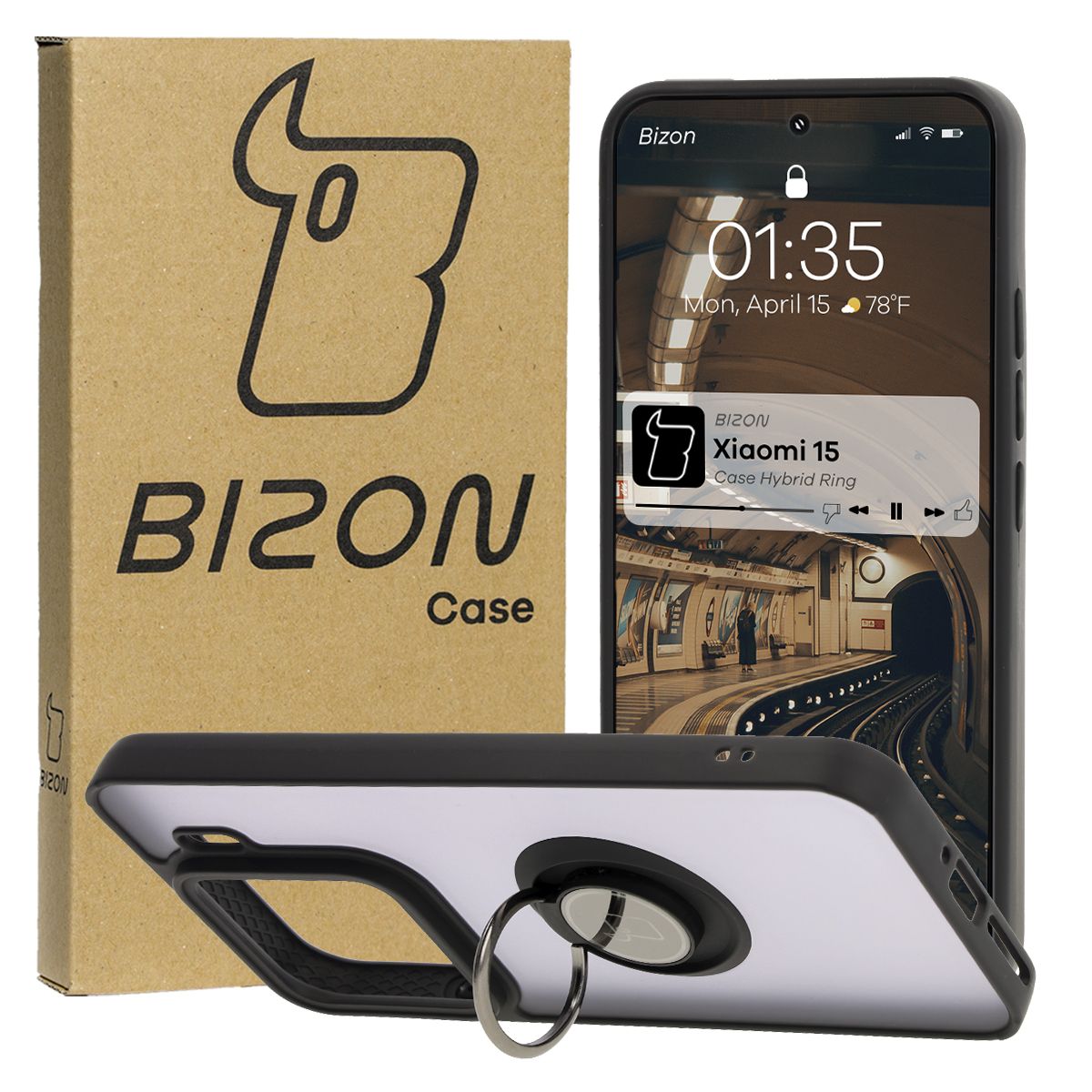 Handyhülle mit Fingergriff für Xiaomi 15, Bizon Case Hybrid Ring, getönt mit schwarzem Rahmen