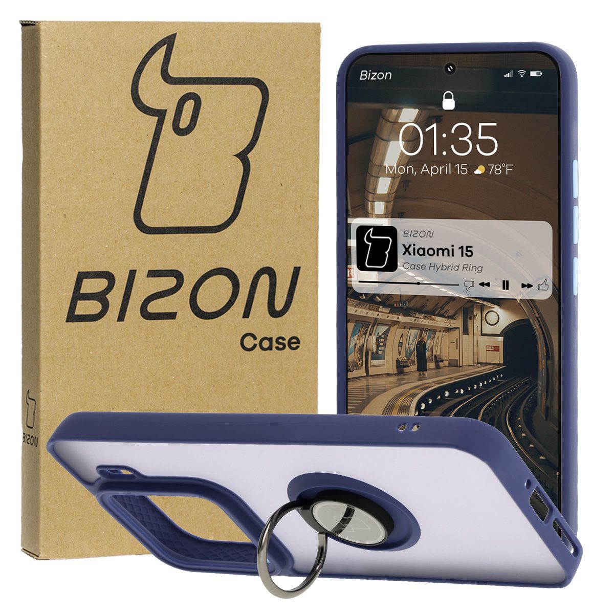 Handyhülle mit Fingergriff für Xiaomi 15, Bizon Case Hybrid Ring, getönt mit dunkelblauem Rahmen