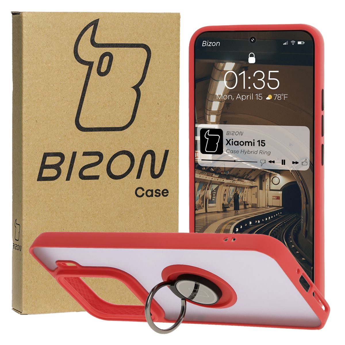 Handyhülle mit Fingergriff für Xiaomi 15, Bizon Case Hybrid Ring, getönt mit rotem Rahmen