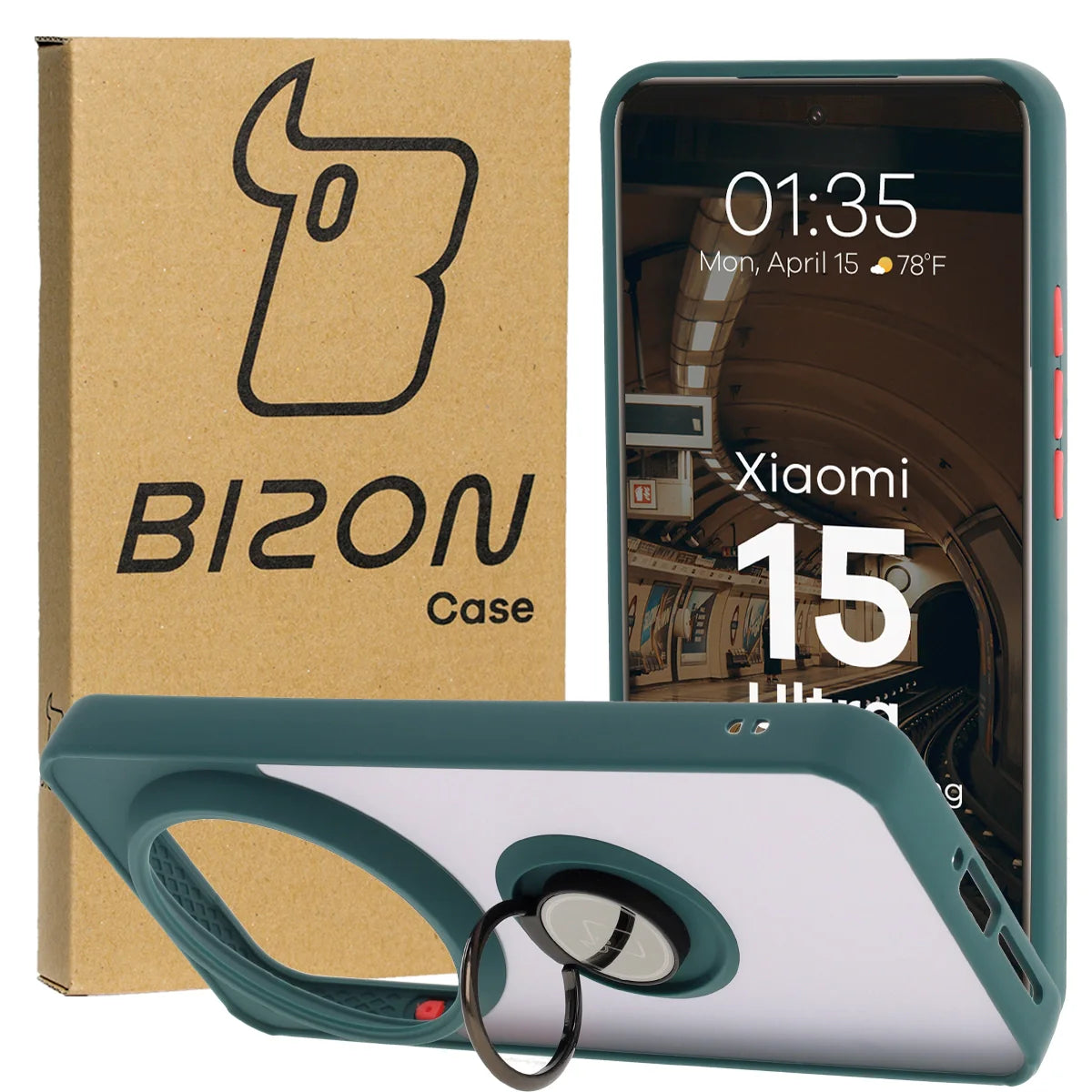Handyhülle mit Fingergriff für Xiaomi 15 Ultra, Bizon Case Hybrid Ring, getönt mit dunkelgrünem Rahmen