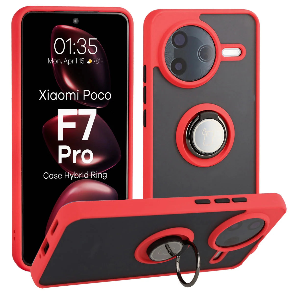 Handyhülle mit Fingergriff für Xiaomi POCO F7 Pro, Bizon Case Hybrid Ring, getönt mit rotem Rahmen