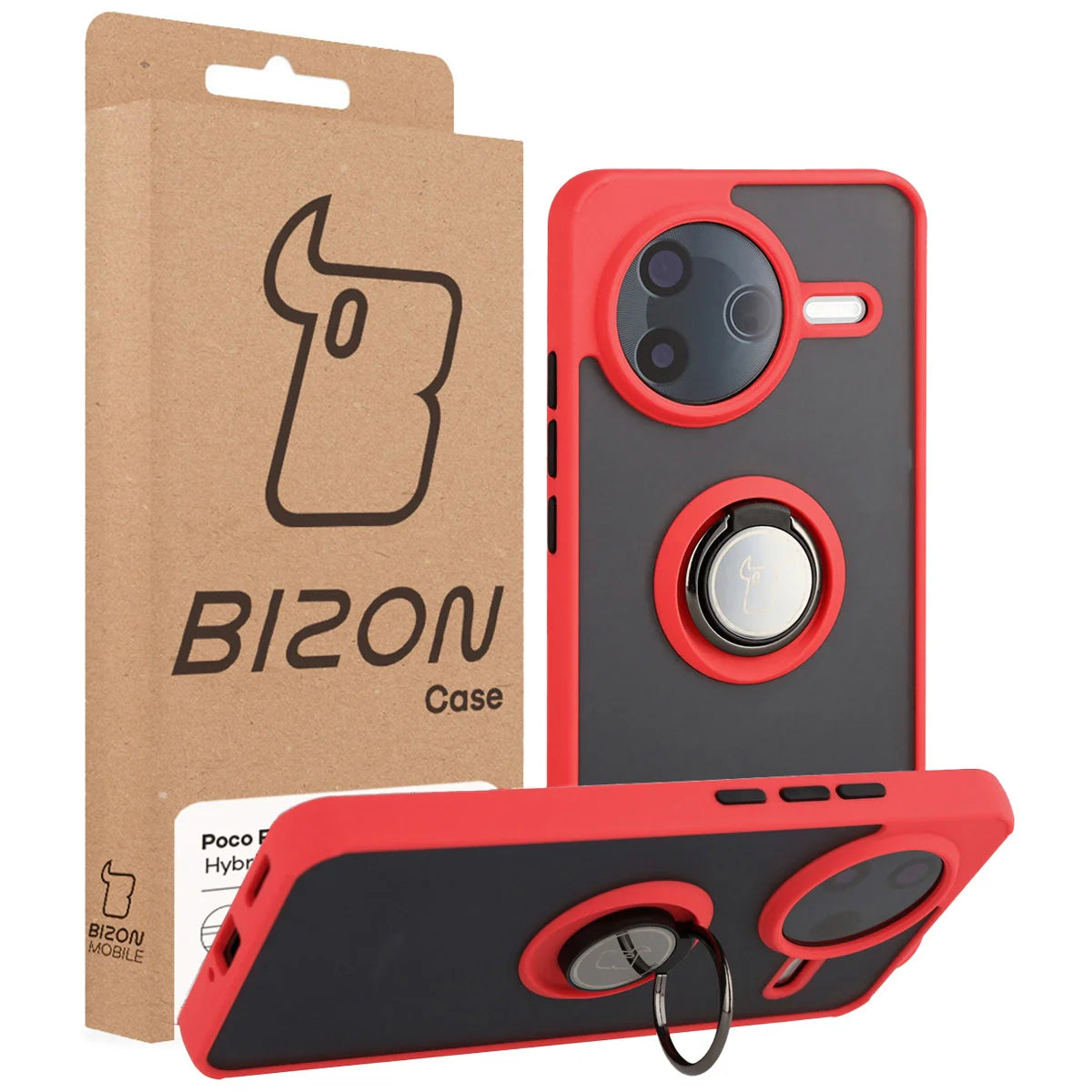 Handyhülle mit Fingergriff für Xiaomi POCO F7 Pro, Bizon Case Hybrid Ring, getönt mit rotem Rahmen
