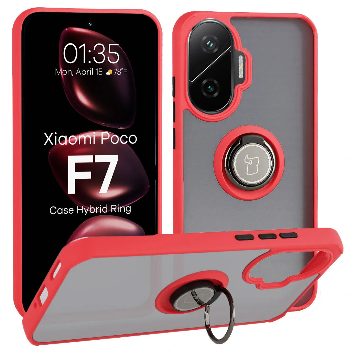 Handyhülle mit Fingergriff für Xiaomi POCO F7, Bizon Case Hybrid Ring, getönt mit rotem Rahmen