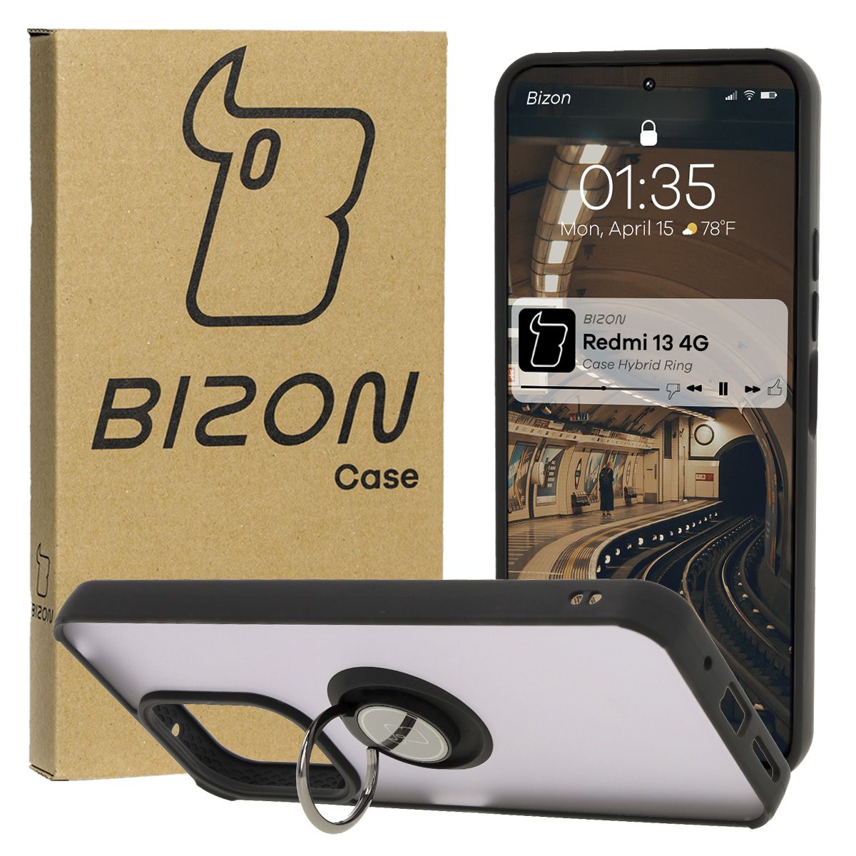 Handyhülle mit Fingergriff für Xiaomi Redmi 13 4G, Bizon Case Hybrid Ring, getönt mit schwarzem Rahmen