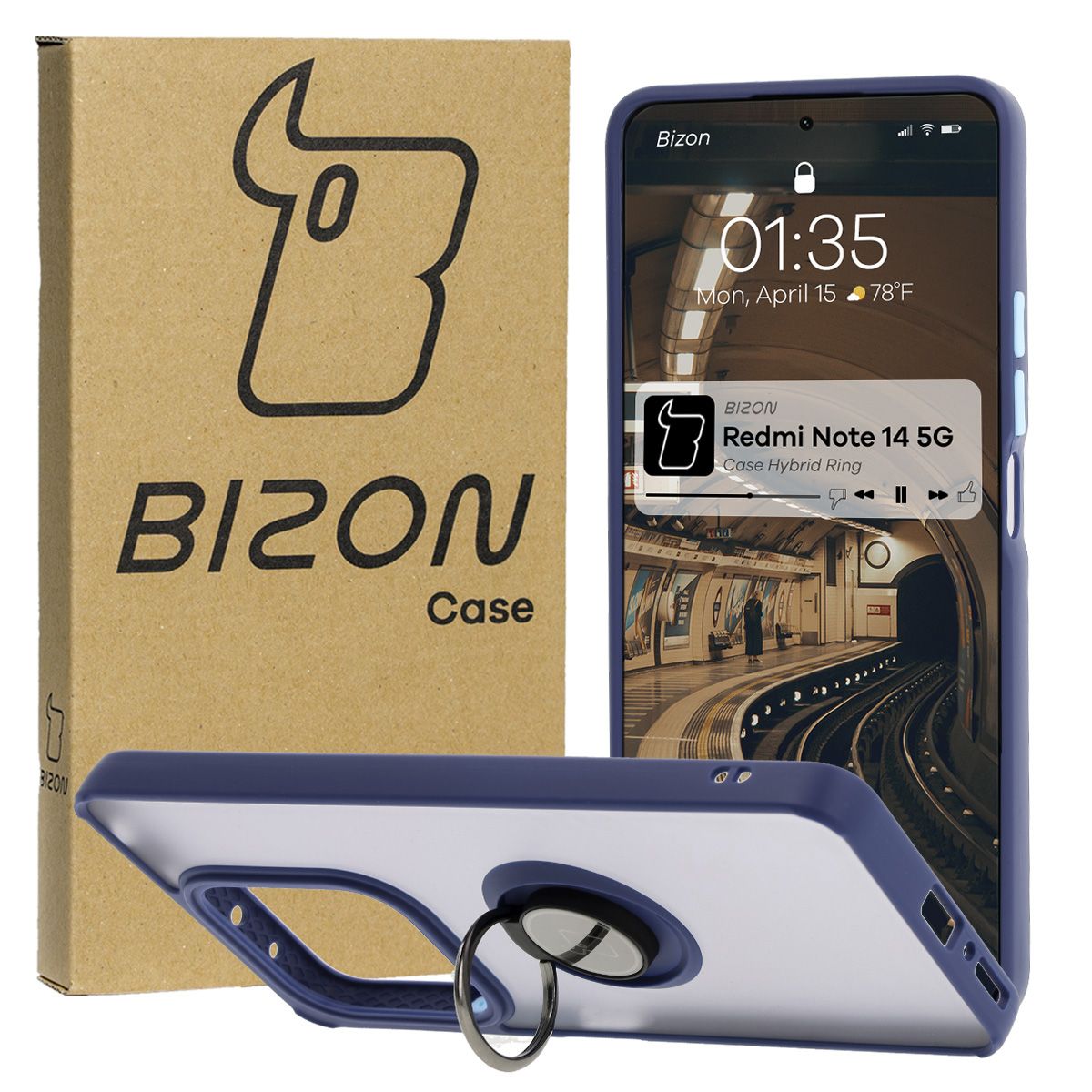 Handyhülle mit Fingergriff für Xiaomi Redmi Note 14 5G, Bizon Case Hybrid Ring, getönt mit dunkelblauem Rahmen