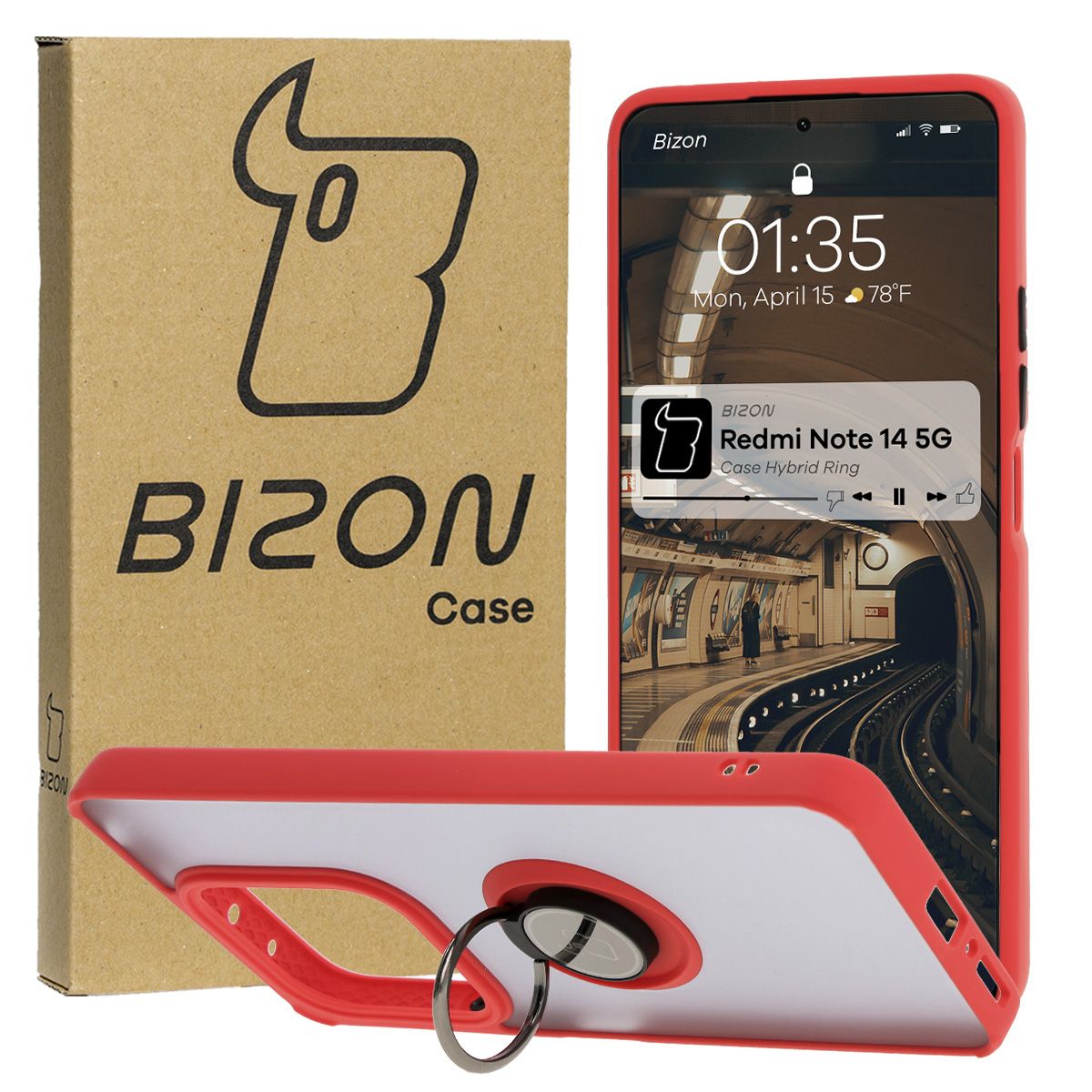 Handyhülle mit Fingergriff für Xiaomi Redmi Note 14 5G, Bizon Case Hybrid Ring, getönt mit rotem Rahmen
