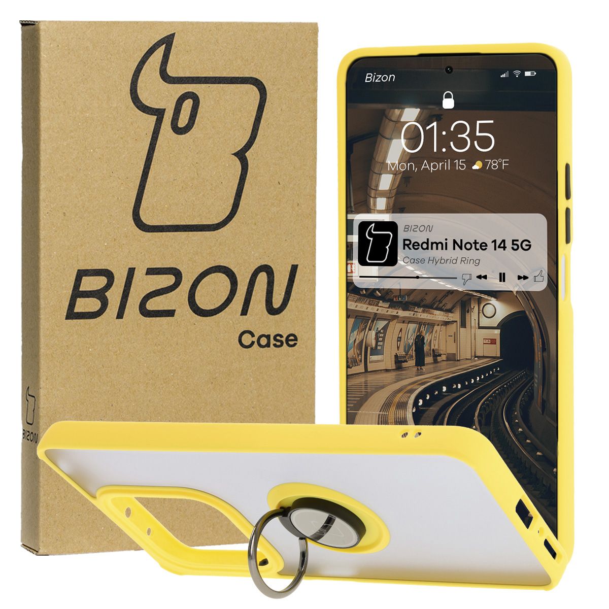 Handyhülle mit Fingergriff für Xiaomi Redmi Note 14 5G, Bizon Case Hybrid Ring, getönt mit gelbem Rahmen