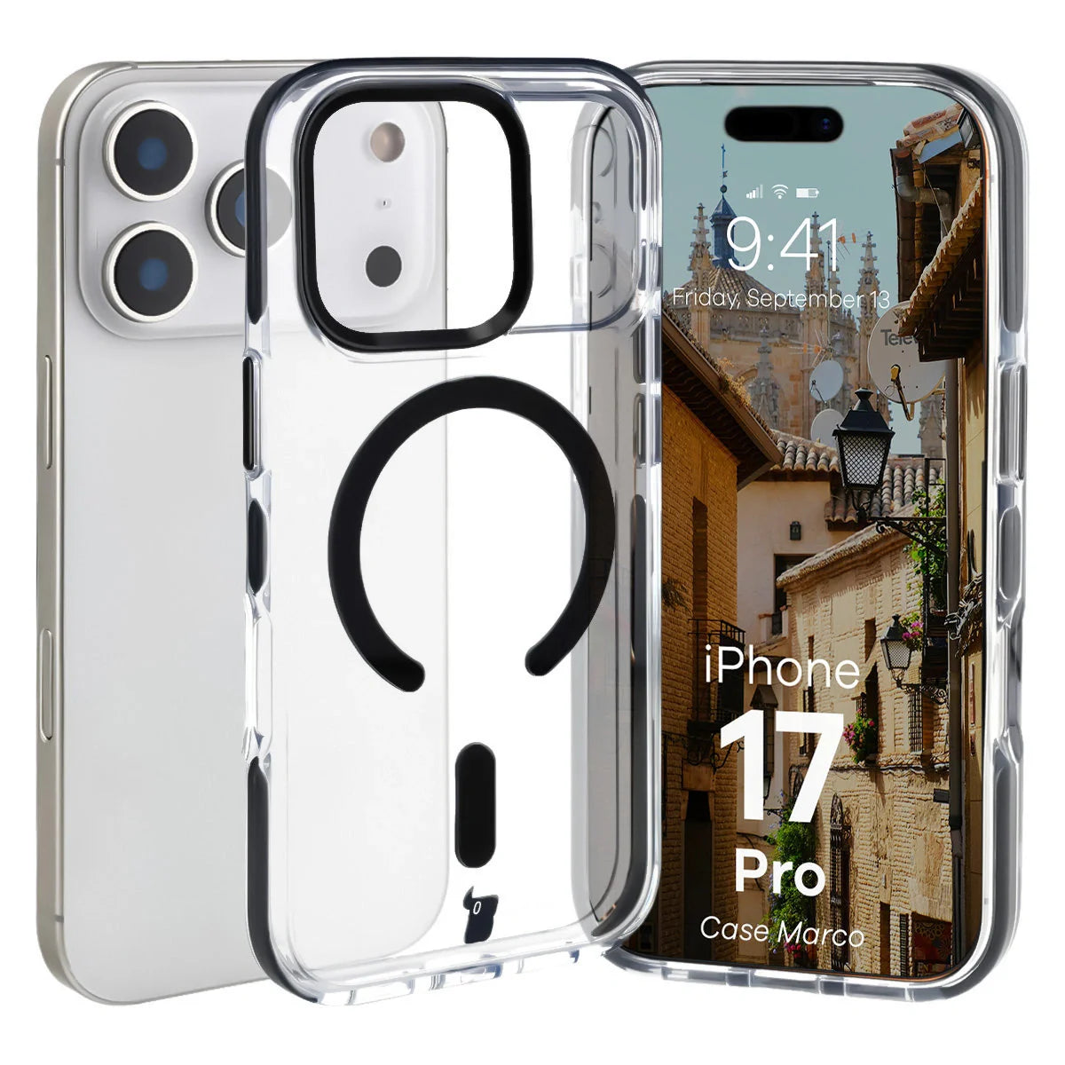 Handyhülle mit Magnetring für iPhone 17 Pro, Bizon Case Marco, Transparent mit schwarzem Rahmen