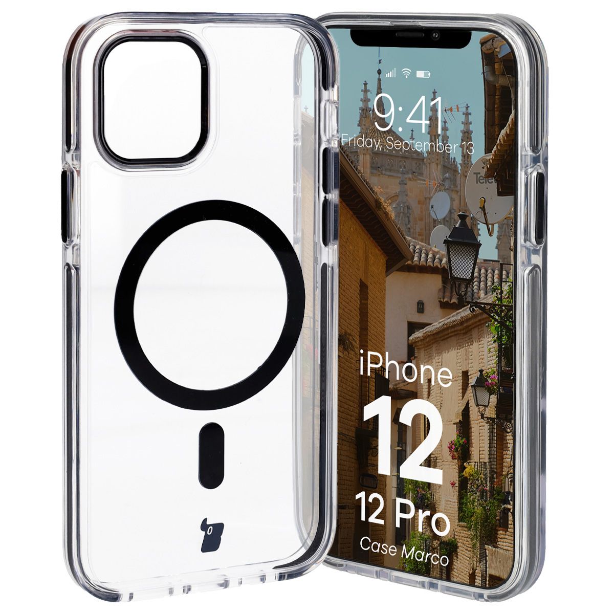 Handyhülle mit Magnetring für iPhone 12 Pro / 12, Bizon Case Marco, Transparent mit schwarzem Rahmen