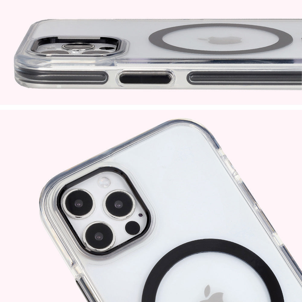 Handyhülle mit Magnetring für iPhone 12 Pro / 12, Bizon Case Marco, Transparent mit schwarzem Rahmen
