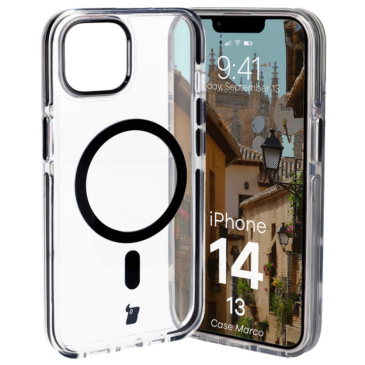 Handyhülle mit Magnetring für iPhone 14/13, Bizon Case Marco, Transparent mit schwarzem Rahmen