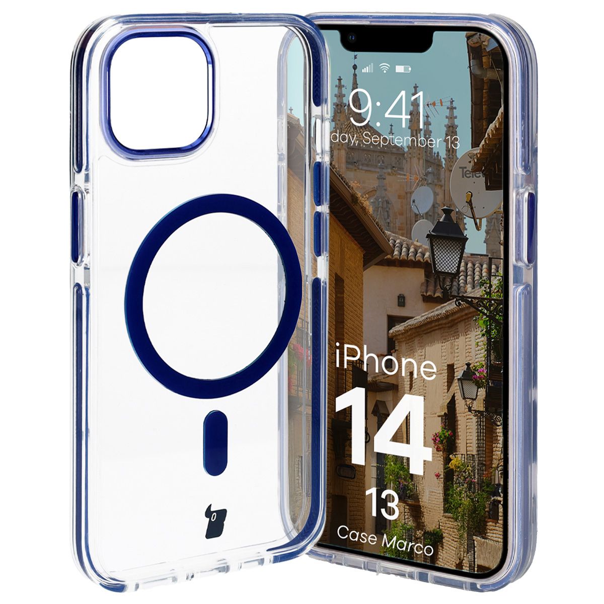 Handyhülle mit Magnetring für iPhone 14/13, Bizon Case Marco, Transparent mit blauem Rahmen