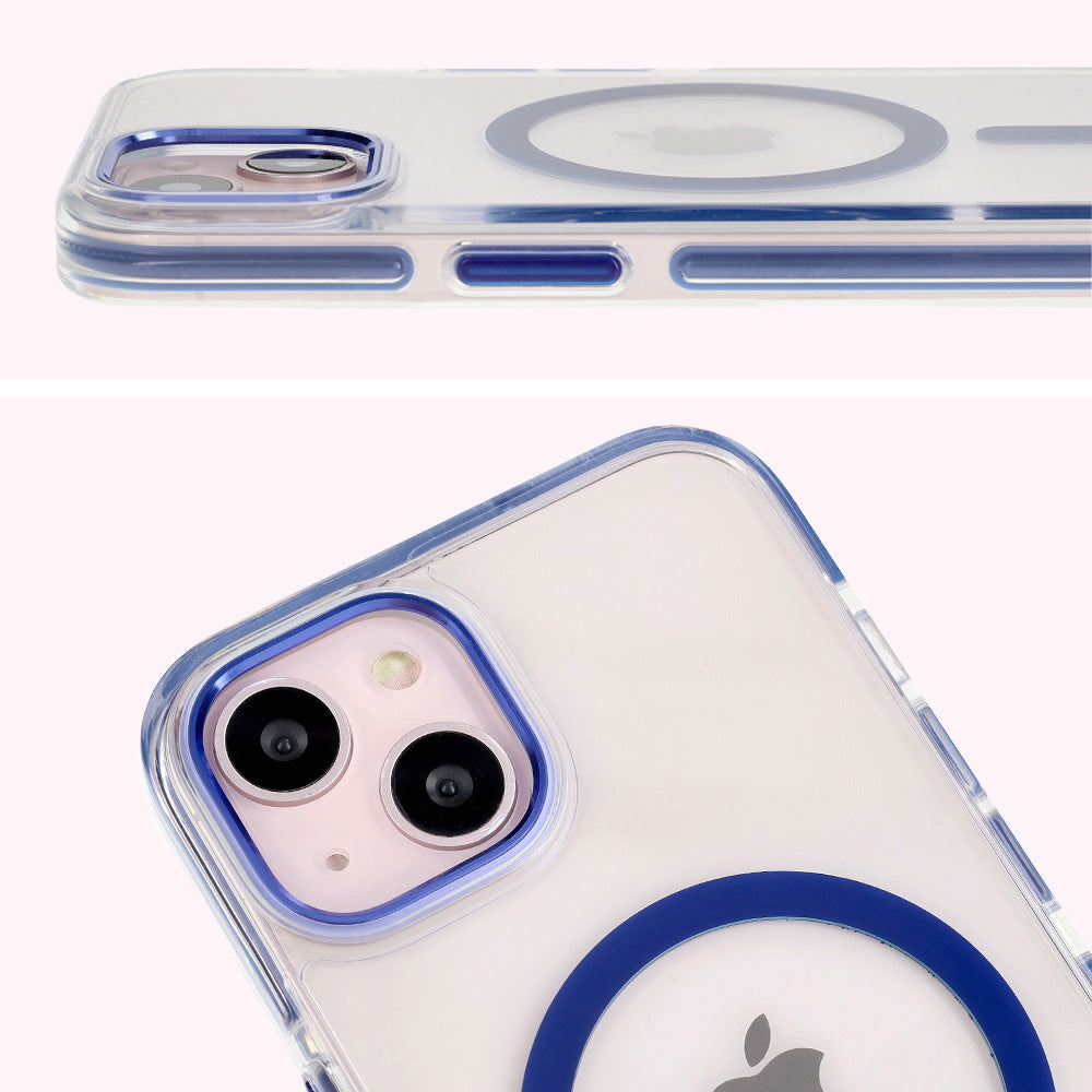 Handyhülle mit Magnetring für iPhone 14/13, Bizon Case Marco, Transparent mit blauem Rahmen