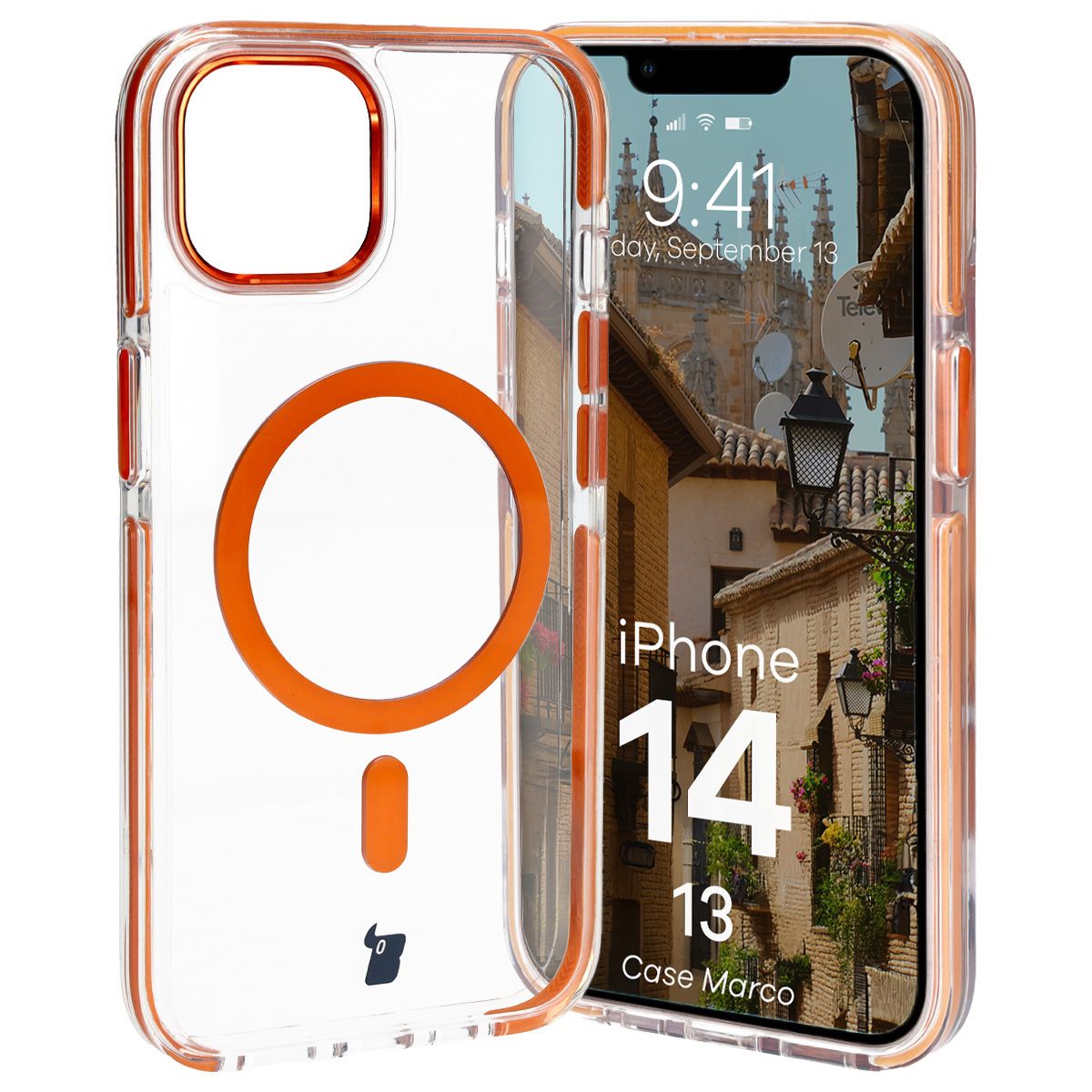 Handyhülle mit Magnetring für iPhone 14/13, Bizon Case Marco, Transparent mit orangem Rahmen
