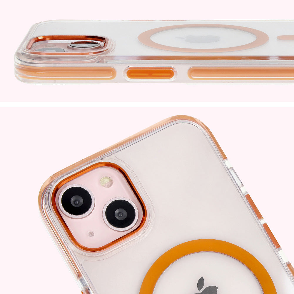 Handyhülle mit Magnetring für iPhone 14/13, Bizon Case Marco, Transparent mit orangem Rahmen