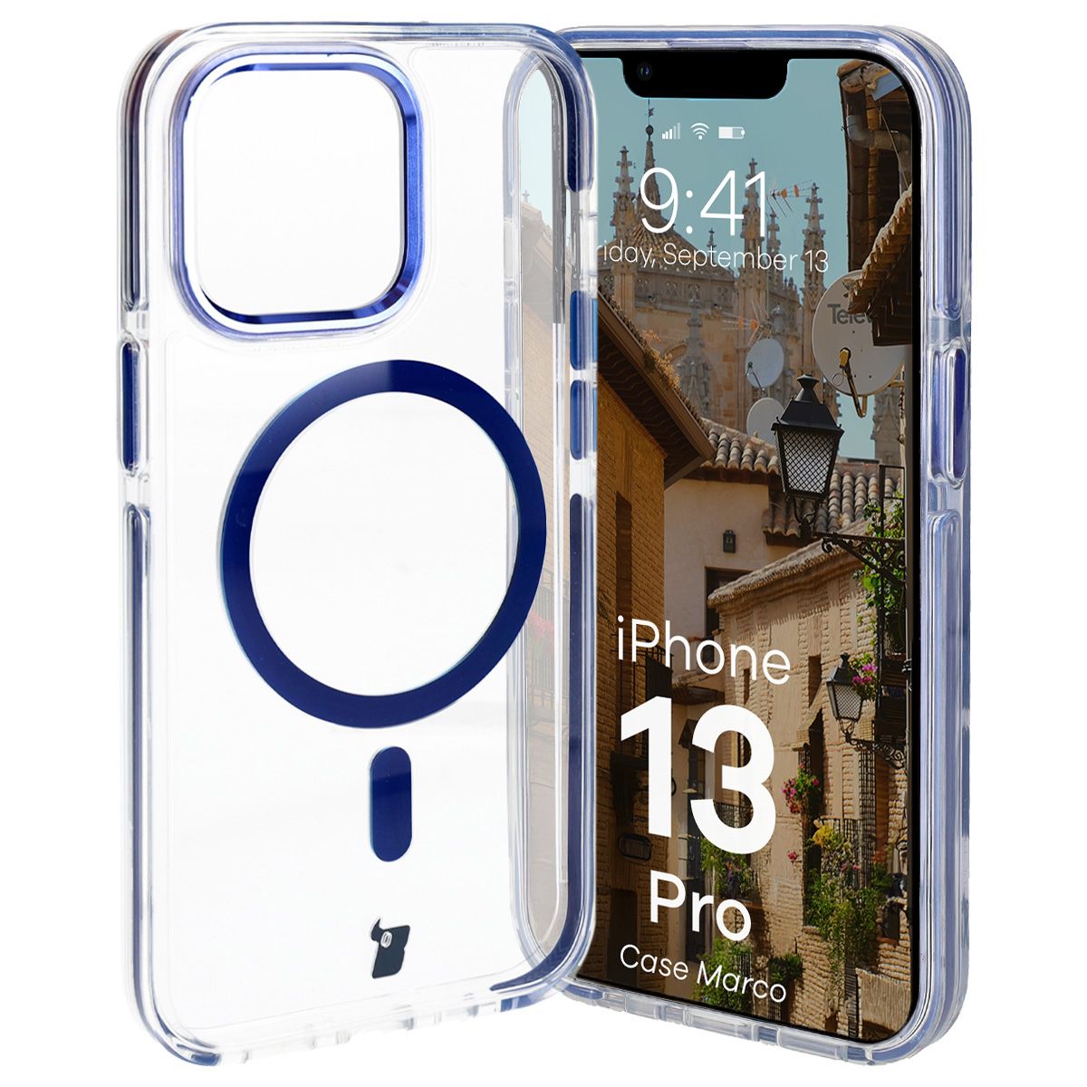 Handyhülle mit Magnetring für iPhone 13 Pro, Bizon Case Marco, Transparent mit blauem Rahmen